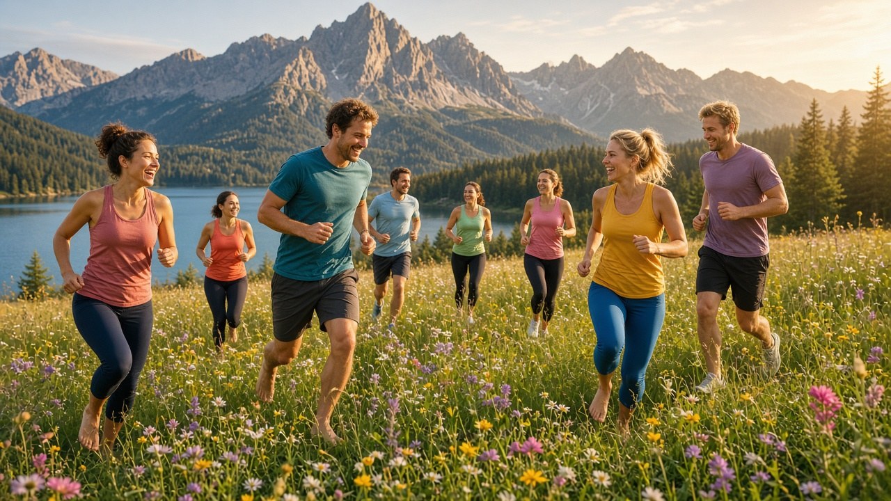 Schnupperkurs: fröhliche Gruppe beim Training auf einer Allgäu-Wiese, barfuß und mit Schuhen