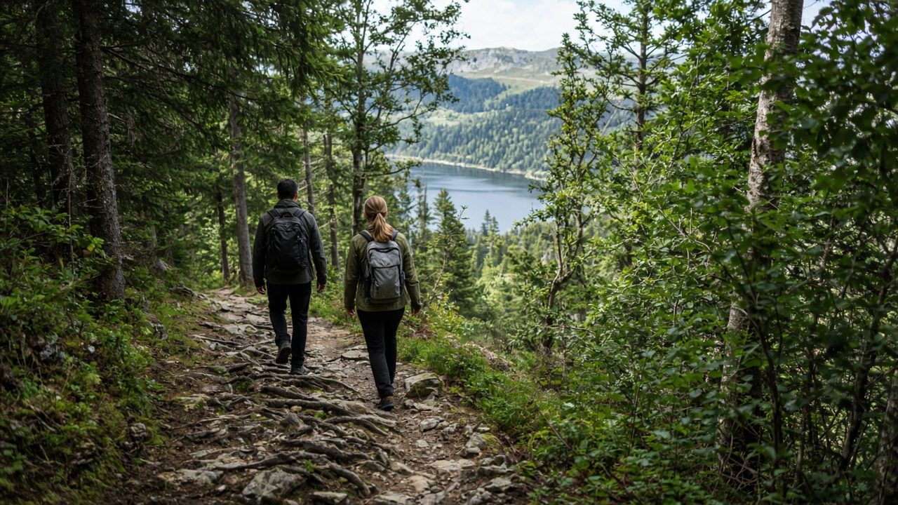Wurzeliger Waldweg mit Blick auf einen See