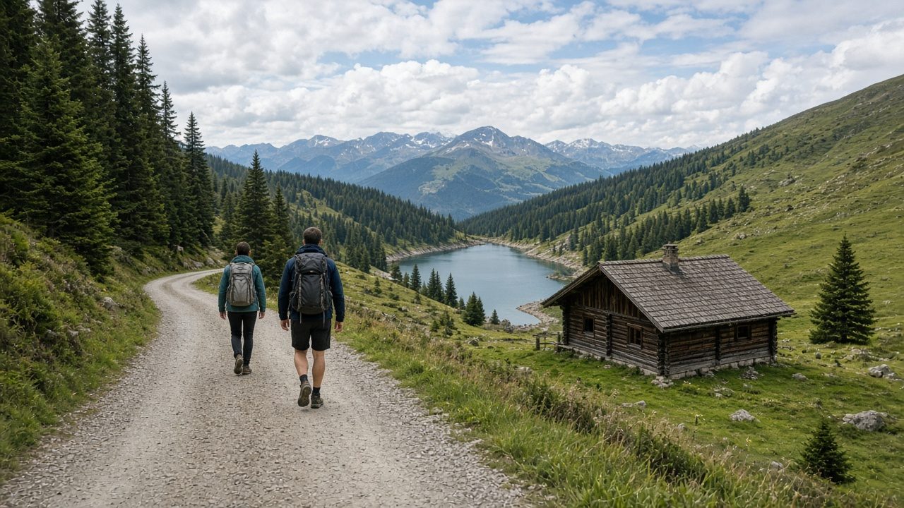 Forstweg über einem Stausee im Haldertobel